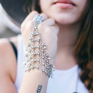 Vintage Turkish Hand Chain Bracelet with Adjustable Ring Boho Festival Silver